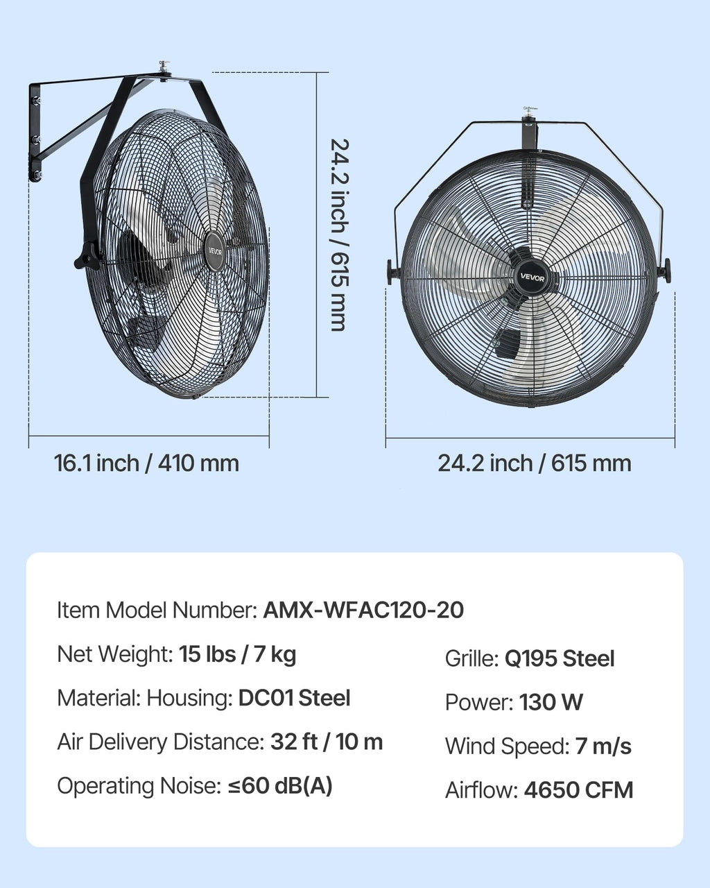 20 Inch Industrial Wall Mount Fan 3 Speeds L81002