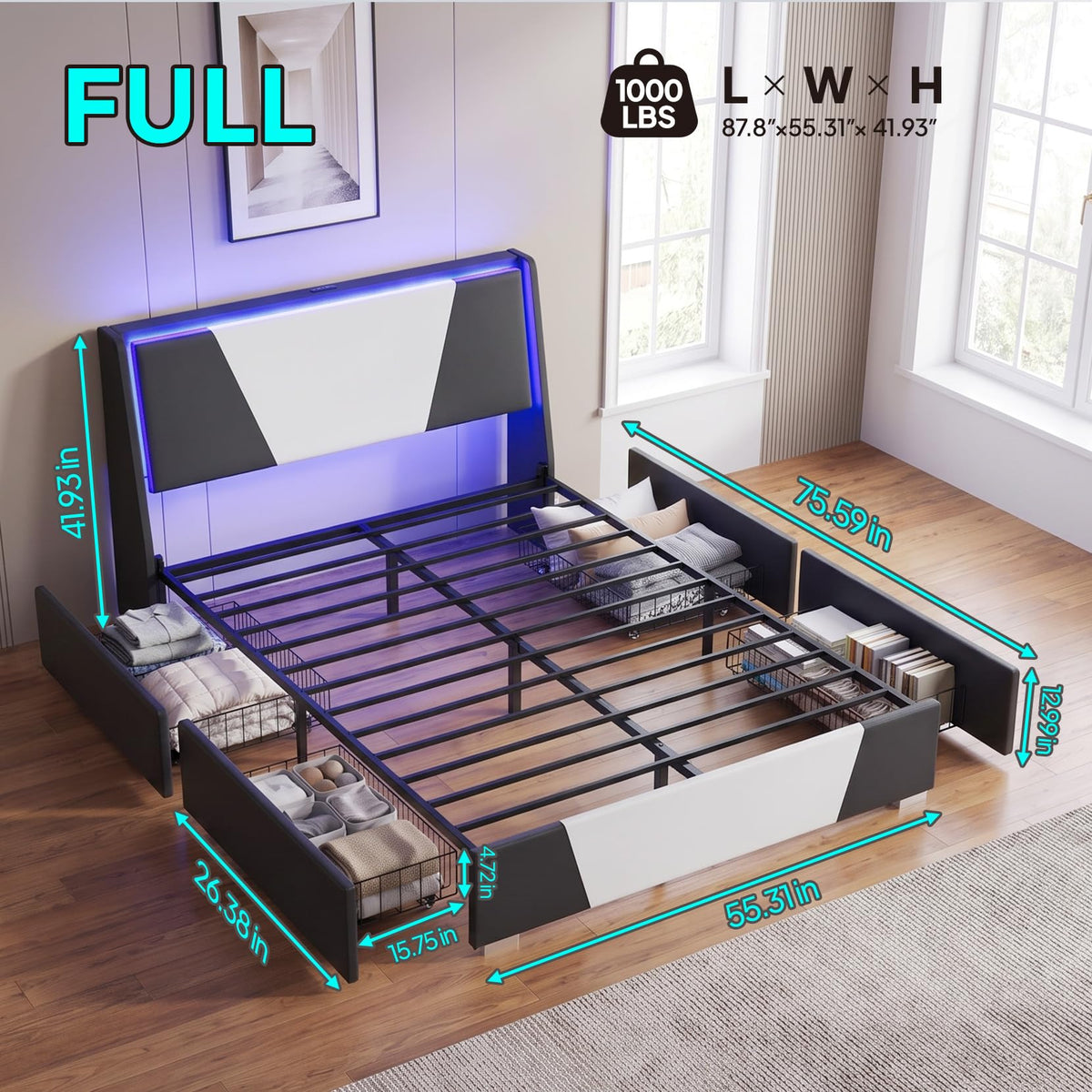 Full Size Bed Frame with Led Lights and 4 Storage Drawers L536