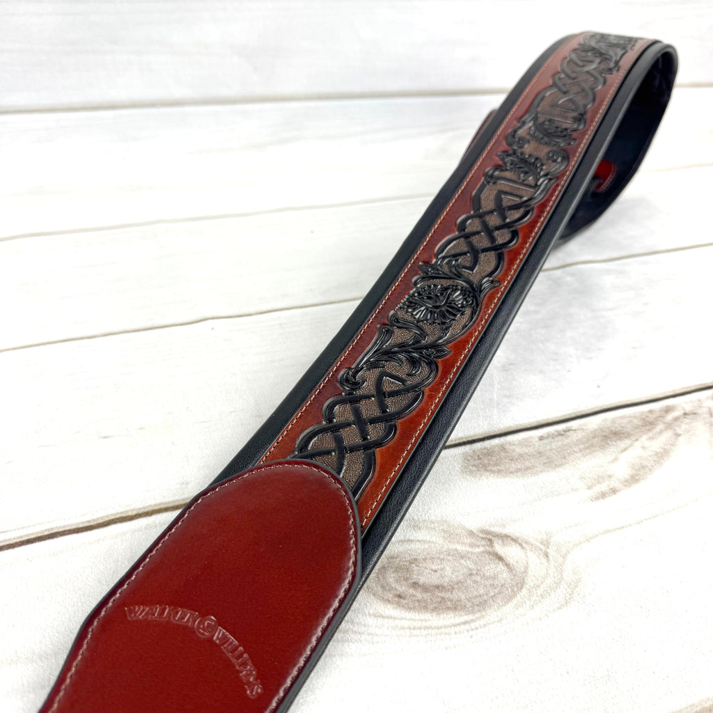 Whiskey Tan and Brown Full Grain Carving Leather Padded Guitar Strap O221