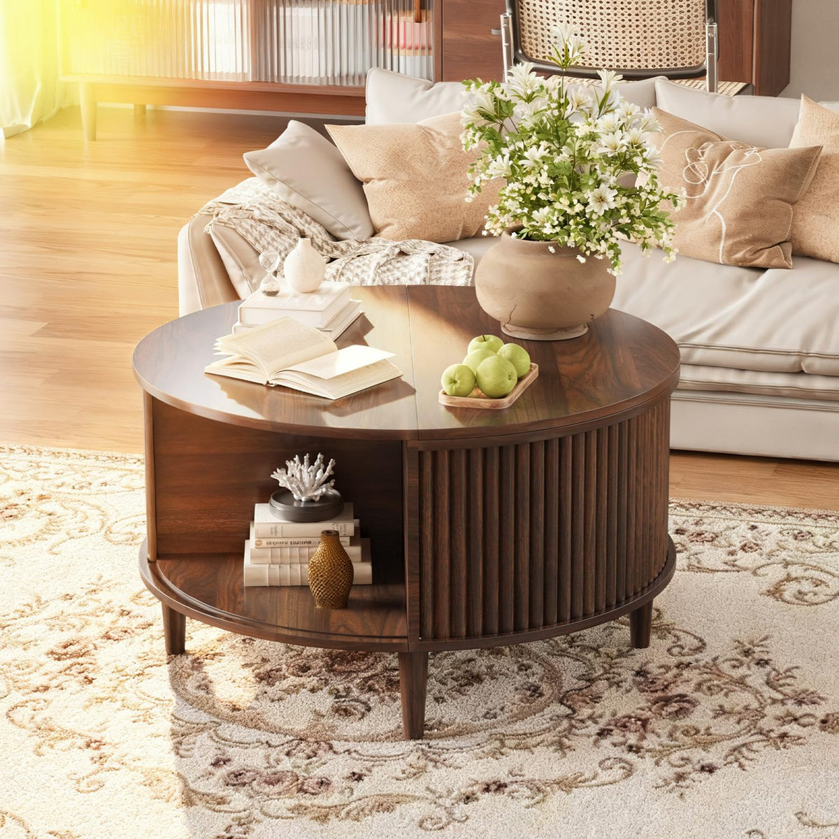 Lift Top Coffee Table with Storage, Fluted Round Center Table with Sliding Cabinet Door, Walnut S44395