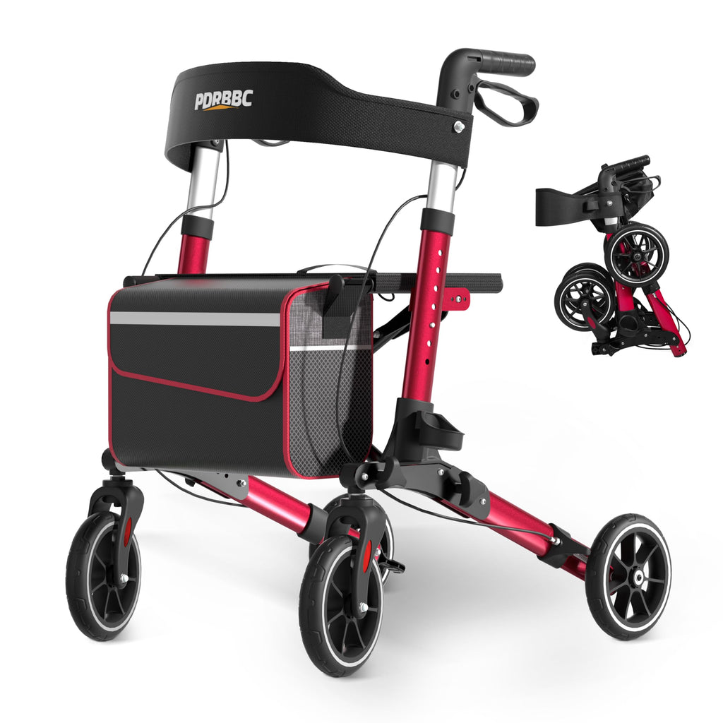 Red Foldable Lightweight Aluminum Rollator Walker with Seat and Brakes J210