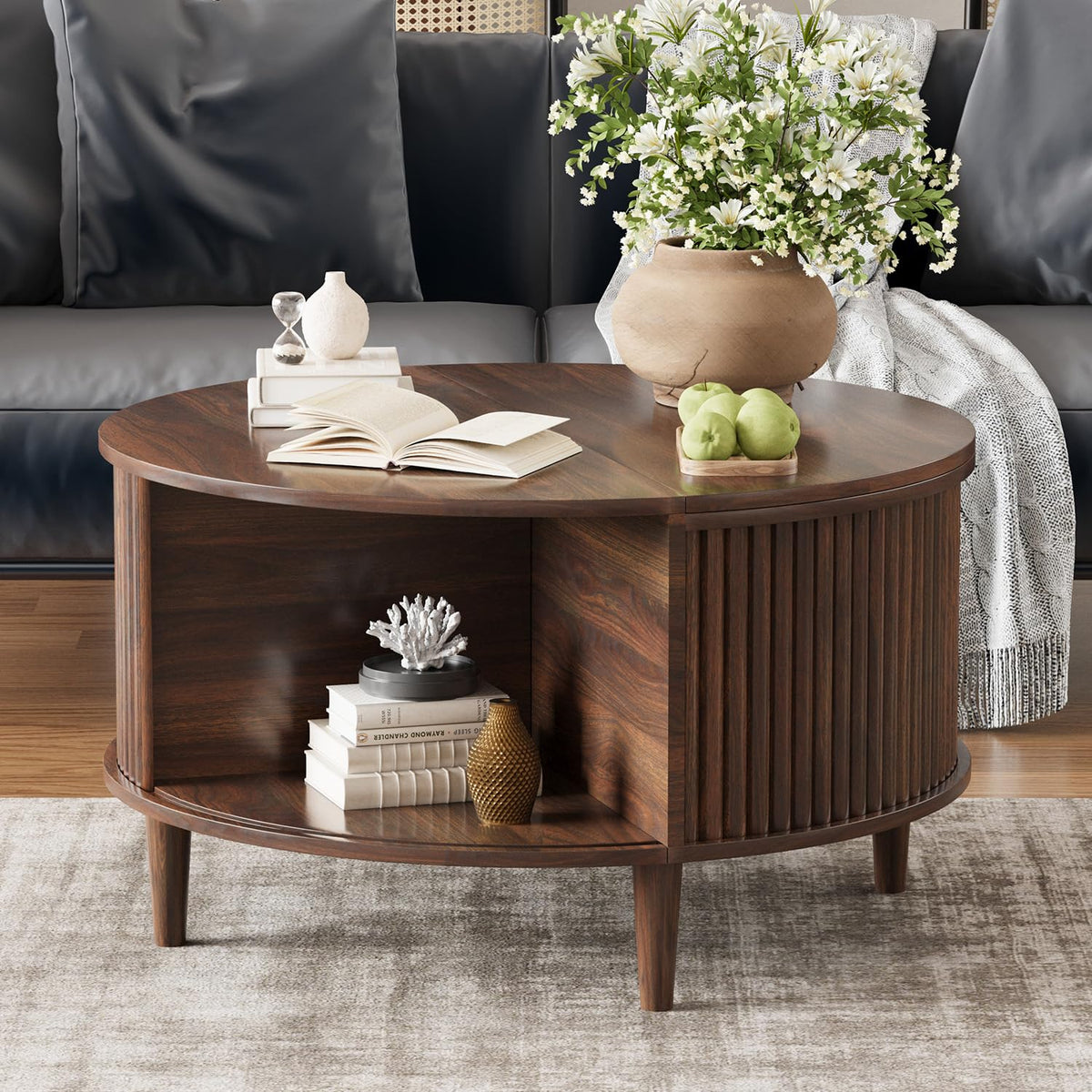 Lift Top Coffee Table with Storage, Fluted Round Center Table with Sliding Cabinet Door, Walnut S44395