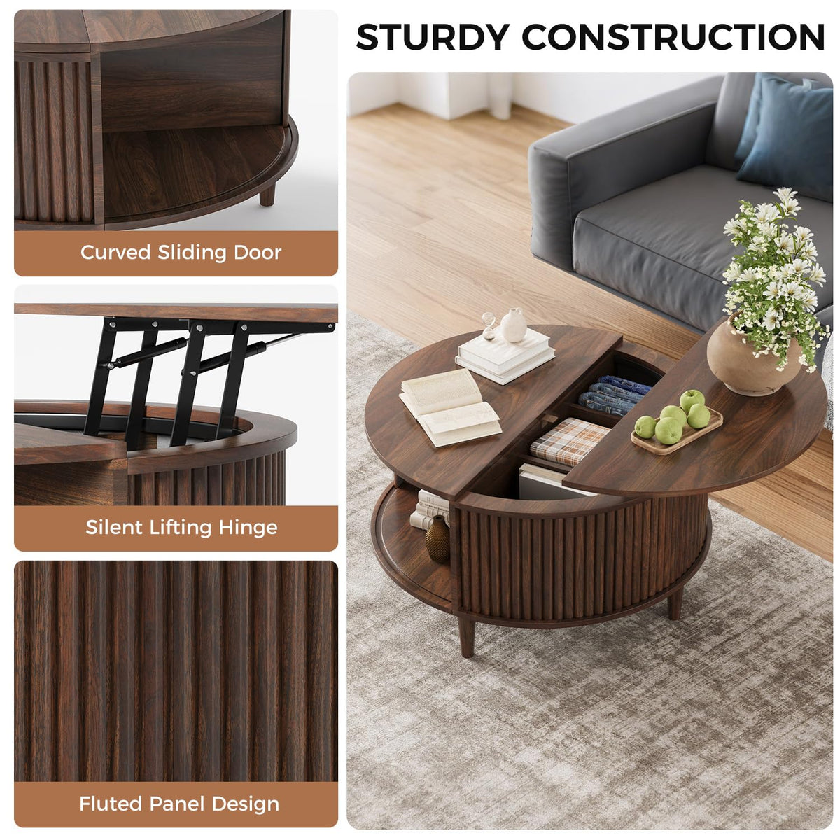 Lift Top Coffee Table with Storage, Fluted Round Center Table with Sliding Cabinet Door, Walnut S44395