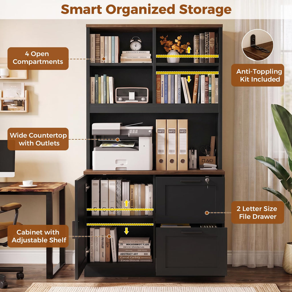 Black Vertical File Cabinet Bookcase with Printer Stand N516504