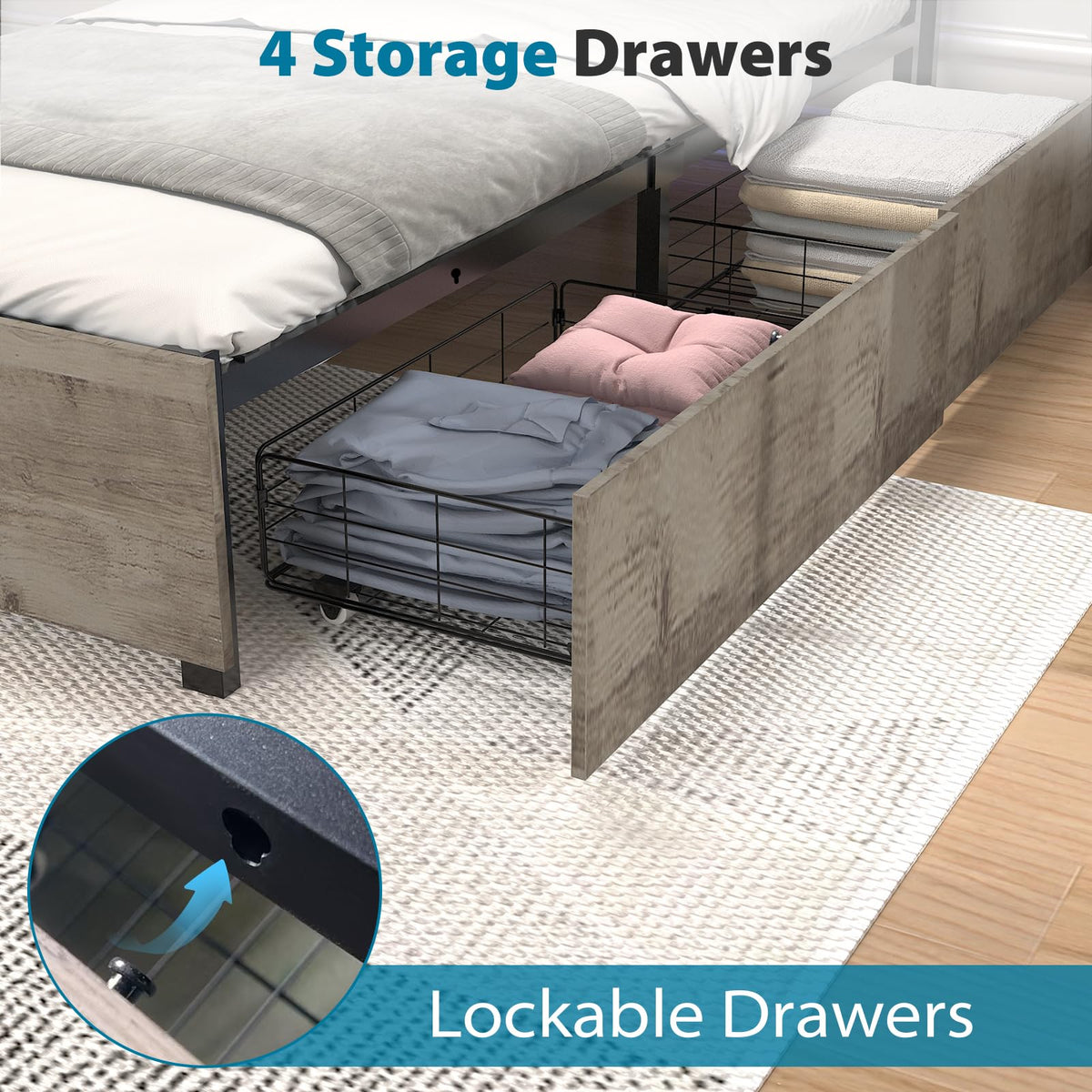 Twin Size Bed Frame with 4 Storage Drawers F2966