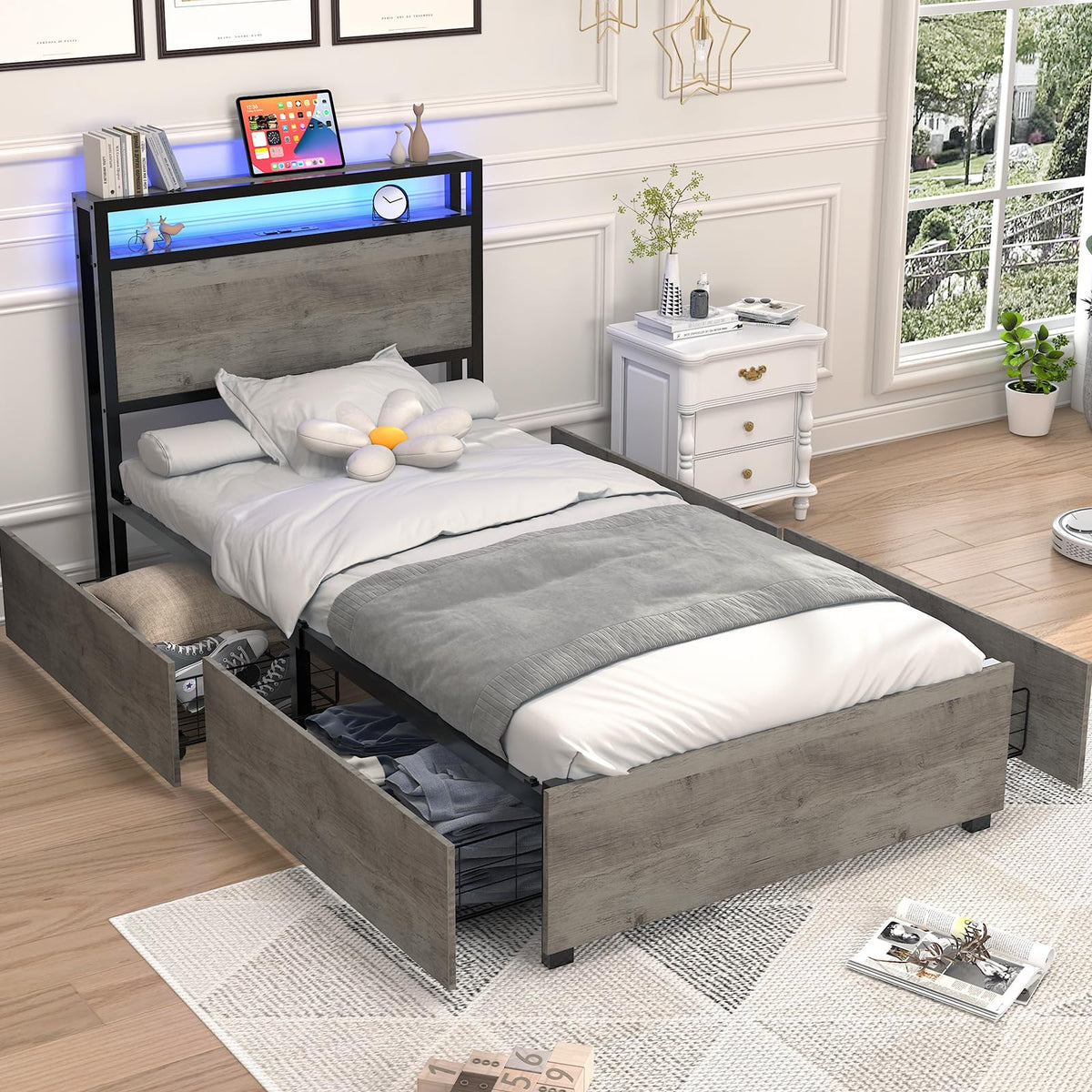 Twin Size Bed Frame with 4 Storage Drawers F2966