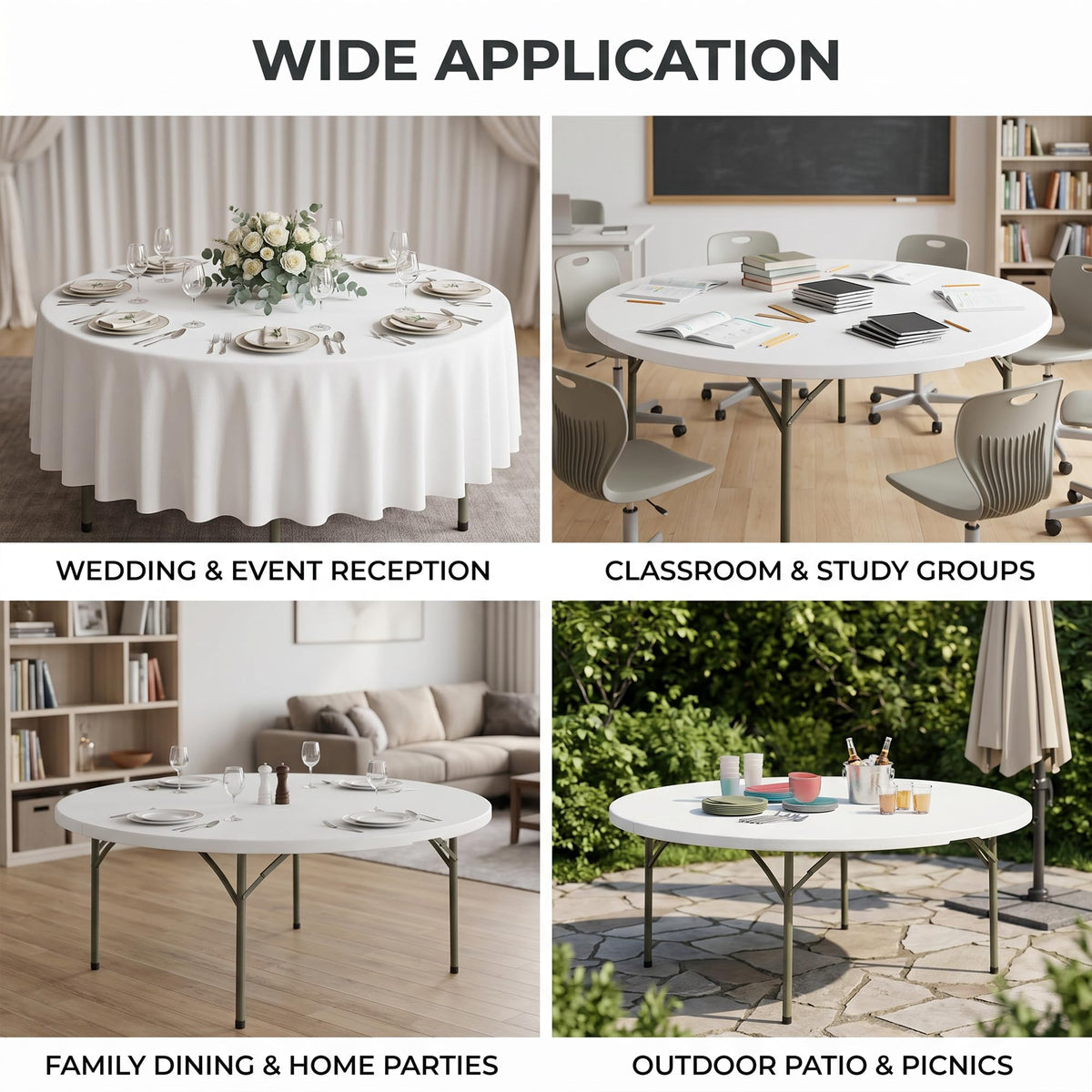 72-Inch Round Folding Tables 5-Pack Heavy-Duty Plastic D956