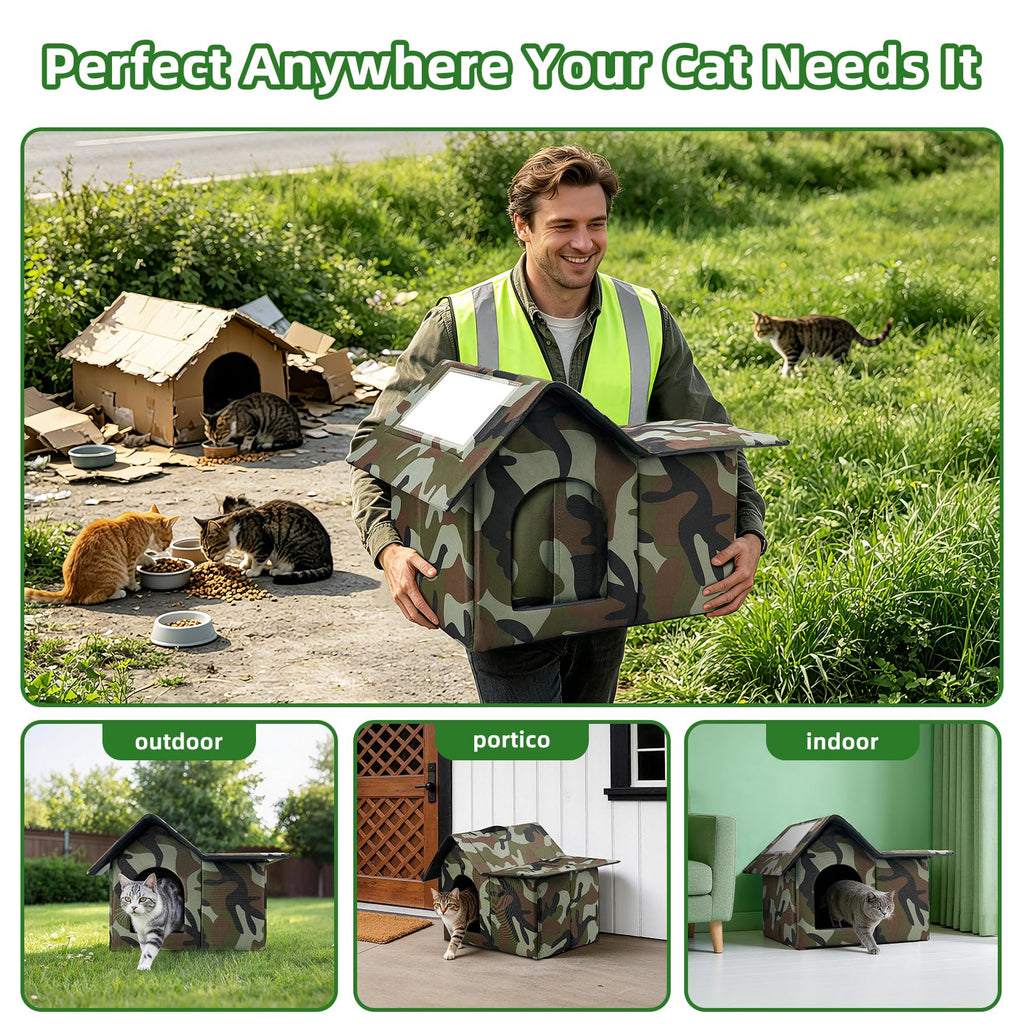 Large Weatherproof Outdoor Cat House with Door and Soft Mat F234185