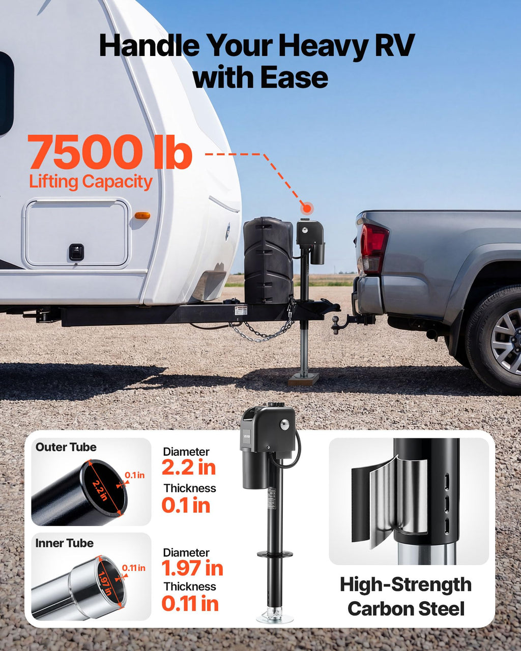 Electric Trailer Jack 7500 lbs Capacity 12V DC Black D390