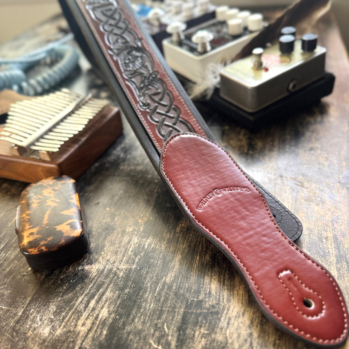 Whiskey Tan and Brown Full Grain Carving Leather Padded Guitar Strap O221