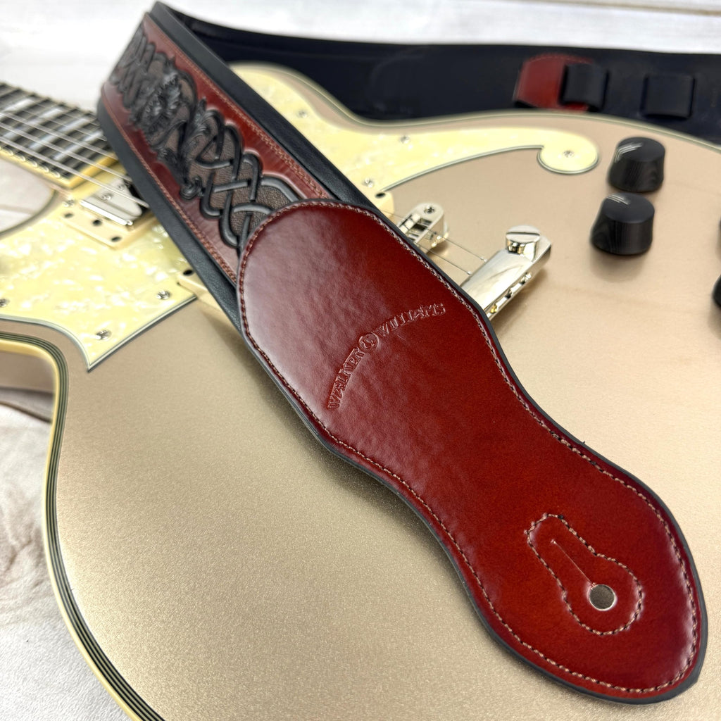Whiskey Tan and Brown Full Grain Carving Leather Padded Guitar Strap O221