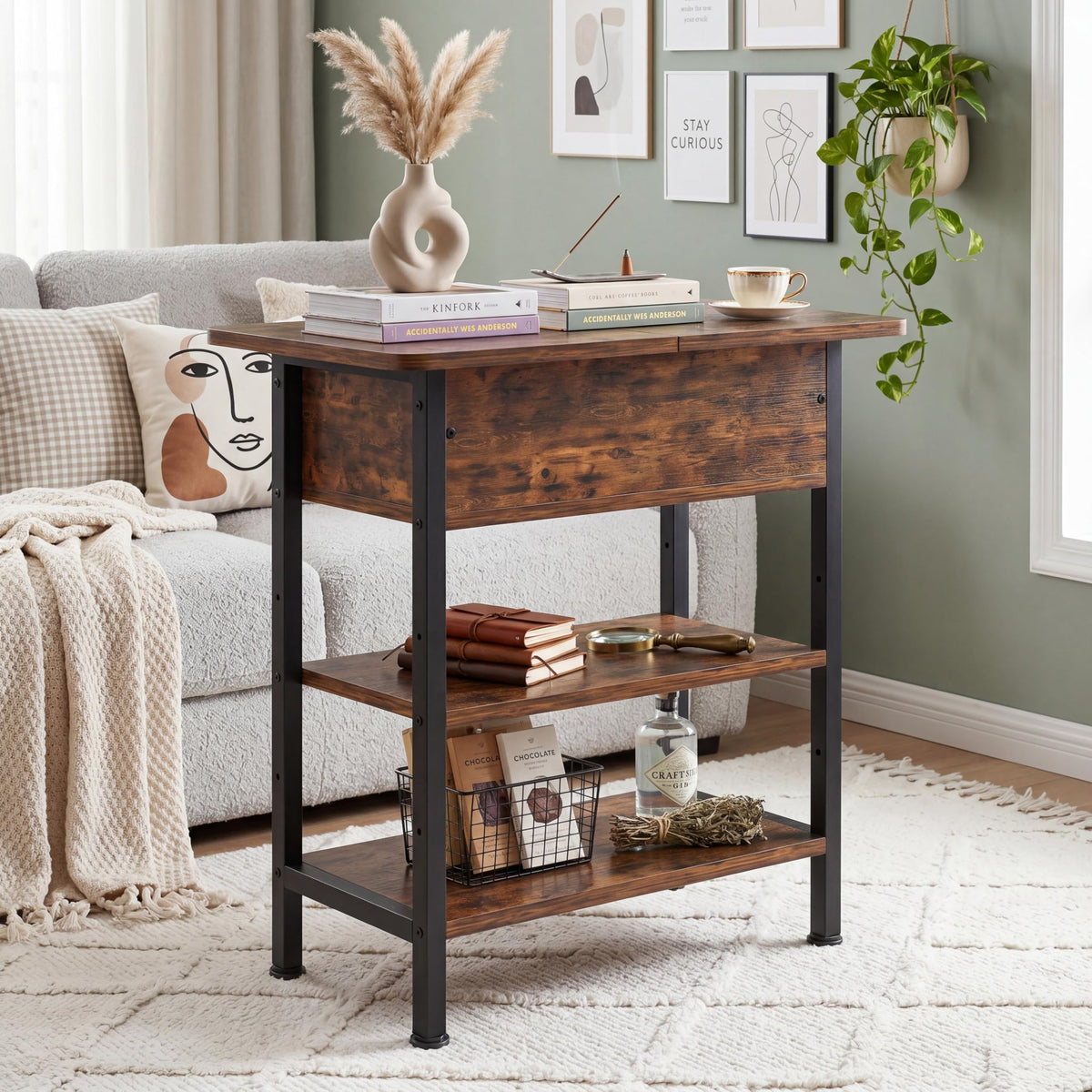 End Table with Charging Station, Flip Top Side Table with USB Ports and Outlets, 3-Tier Side Table with Storage S335393
