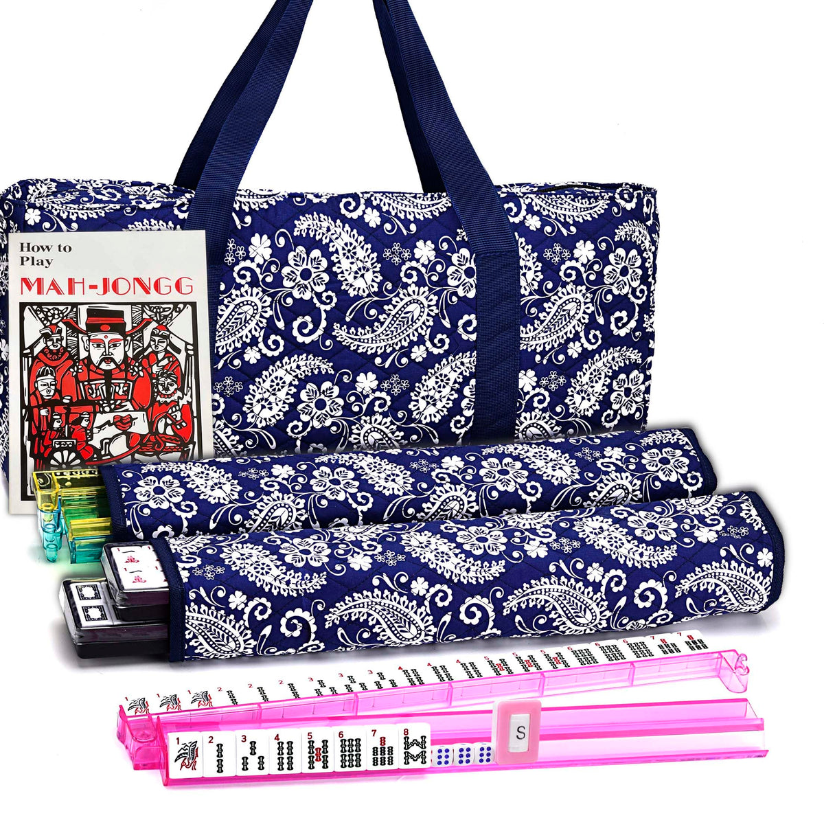 American Mahjong Set with Blue Paisley Carrying Bag 166 White Tiles D127