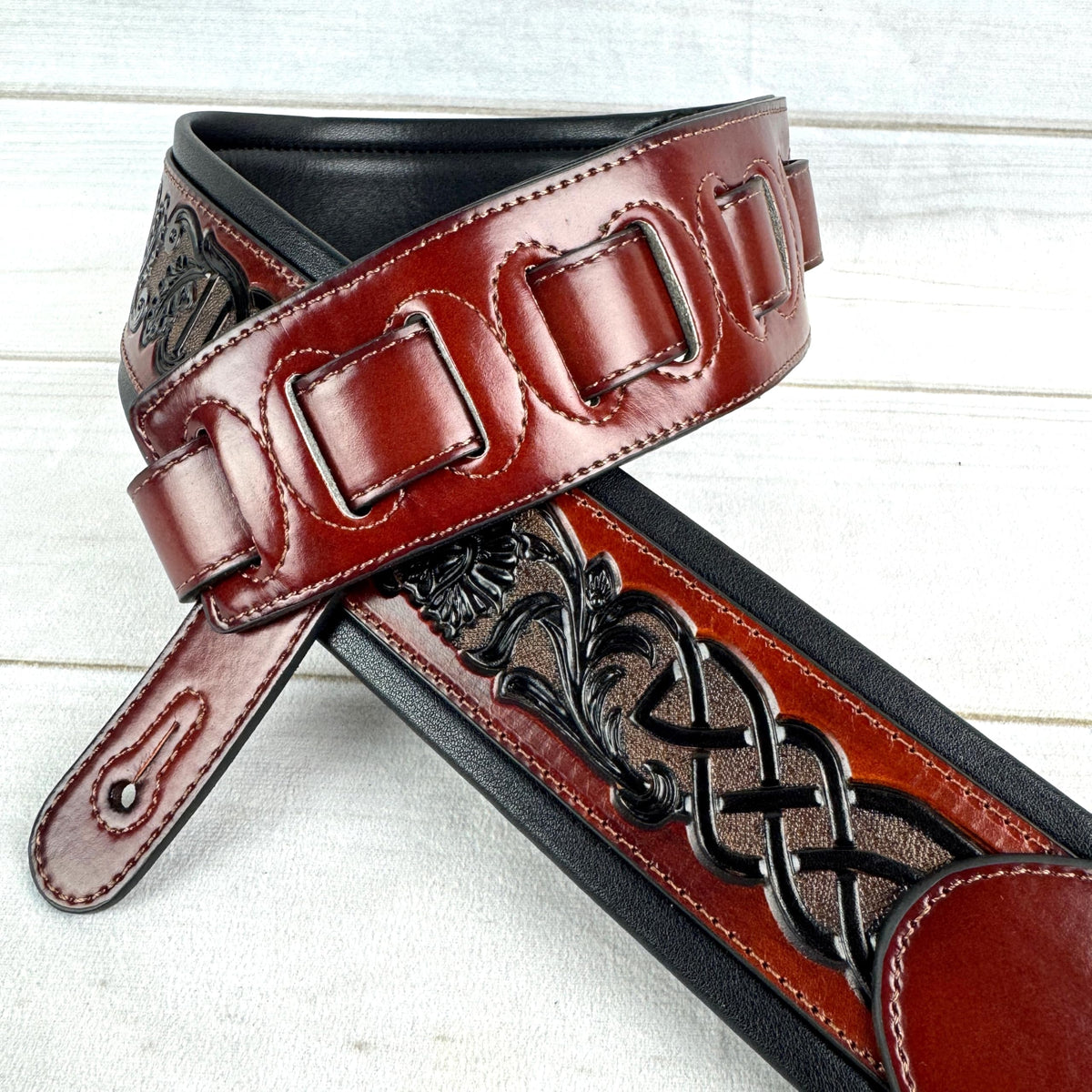 Whiskey Tan and Brown Full Grain Carving Leather Padded Guitar Strap O221