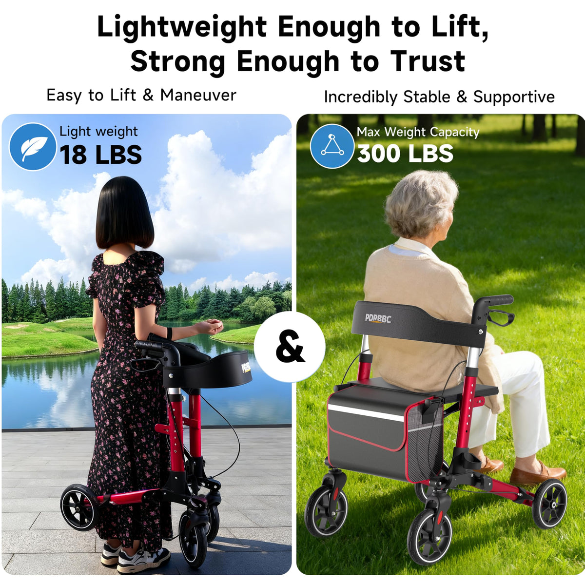 Red Foldable Lightweight Aluminum Rollator Walker with Seat and Brakes J210