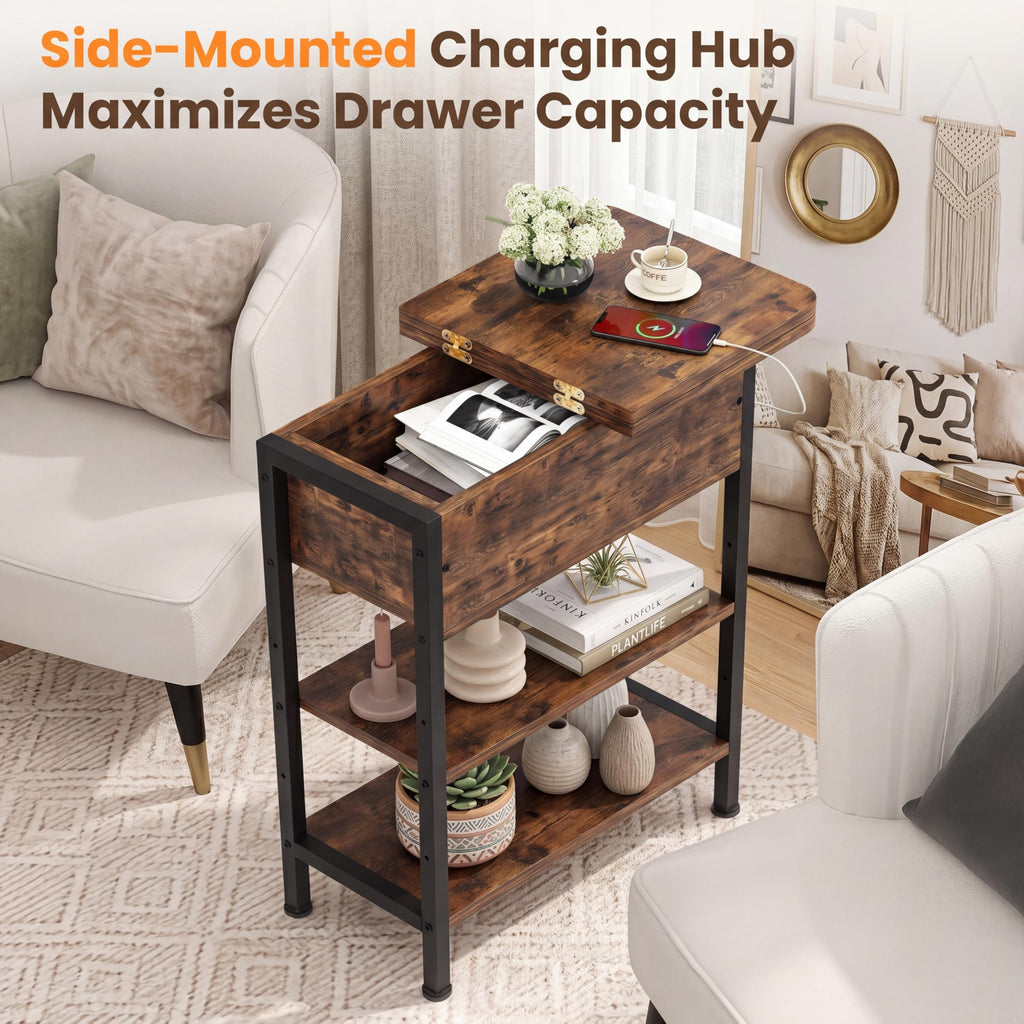 End Table with Charging Station, Flip Top Side Table with USB Ports and Outlets, 3-Tier Side Table with Storage S335393