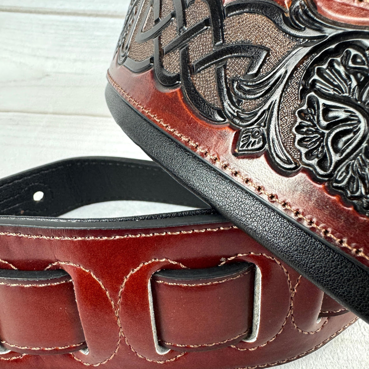 Whiskey Tan and Brown Full Grain Carving Leather Padded Guitar Strap O221