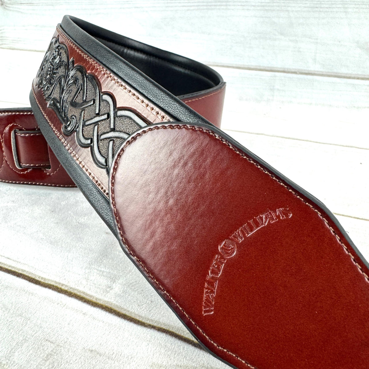 Whiskey Tan and Brown Full Grain Carving Leather Padded Guitar Strap O221