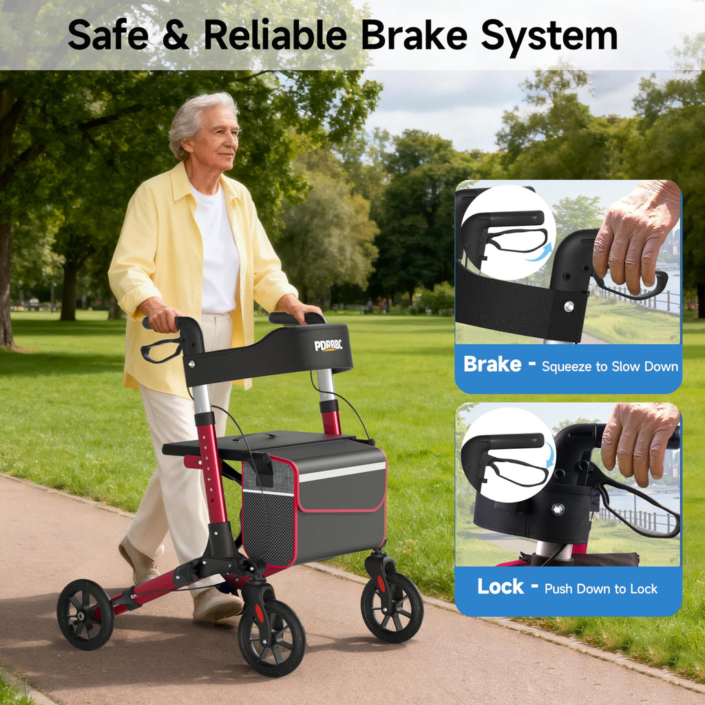Red Foldable Lightweight Aluminum Rollator Walker with Seat and Brakes J210