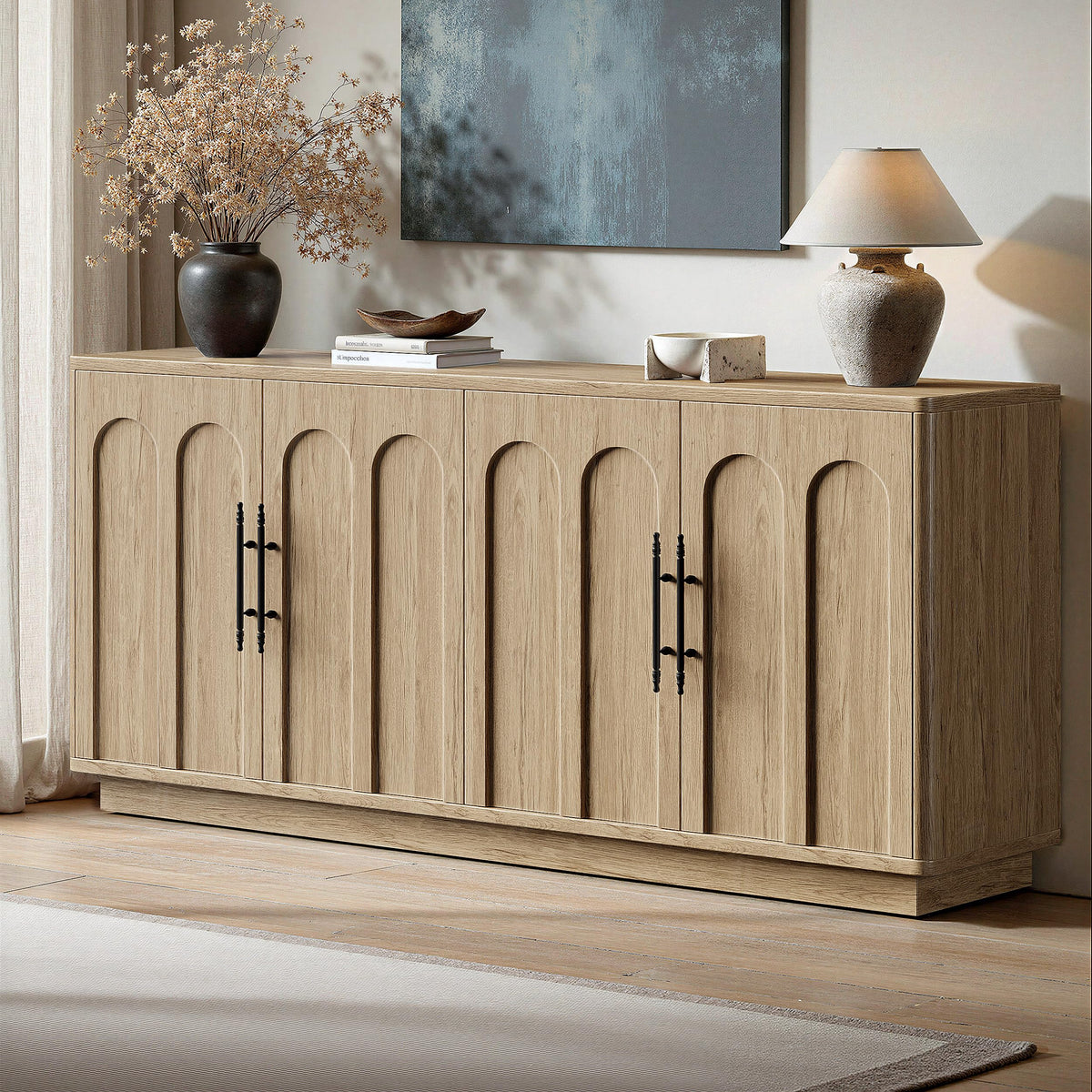 67" Arched Oak Sideboard Buffet Cabinet with Storage D72902